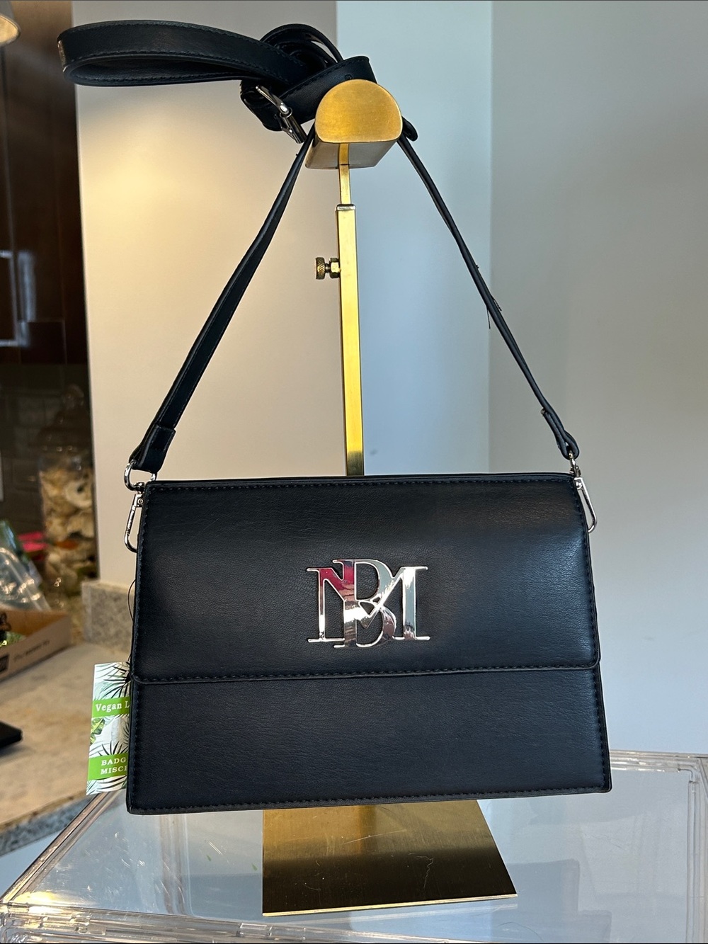 Badgley Mischka Black Vegan Leather Crossbody Bag Silver Logo 9.5”x 3”x 6.5” NWT